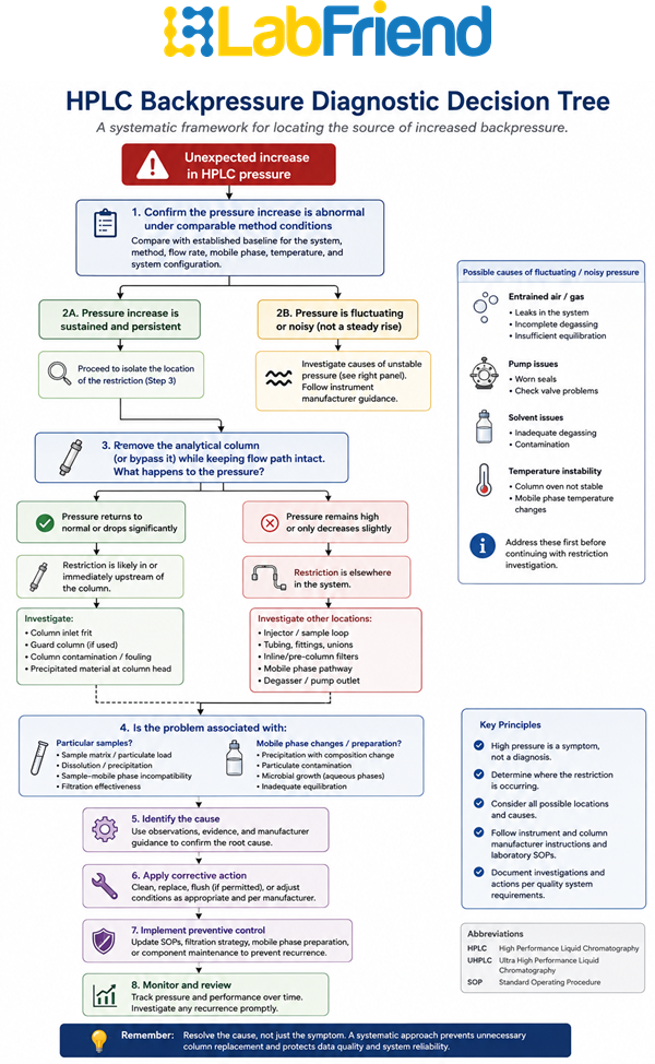HPLC backpressure troubleshooting decision tree for systematically locating flow restrictions and investigating potential causes.